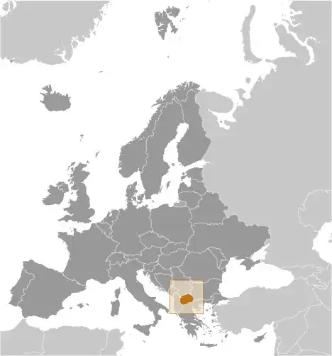 Locator Map of North Macedonia showing the country on the continent in color