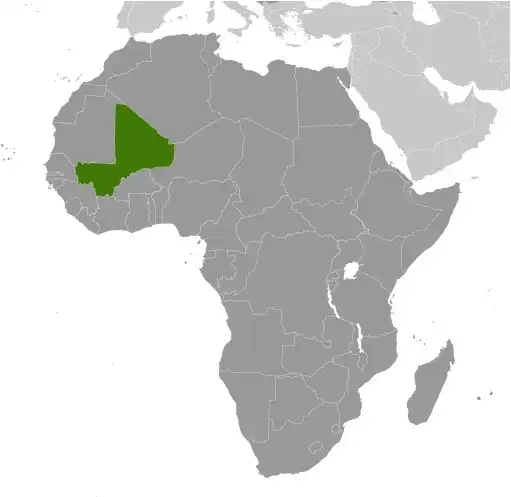 Locator Map of Mali showing the country on the continent in color