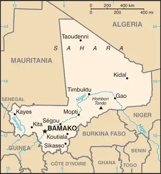 Mali Map graphic showing major cities and names of neighboring countries