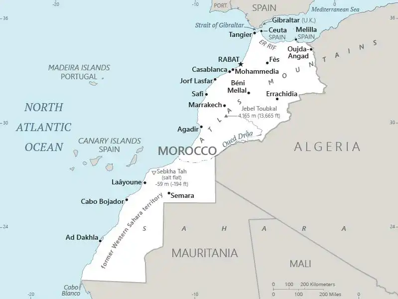 Morocco Map graphic showing major cities and names of neighboring countries