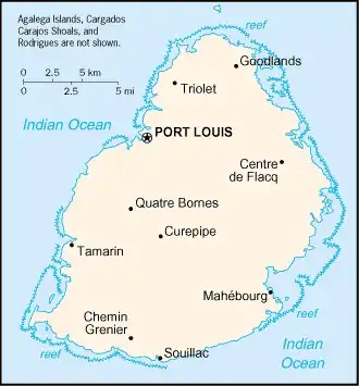 Mauritius Map graphic showing major cities and names of neighboring countries