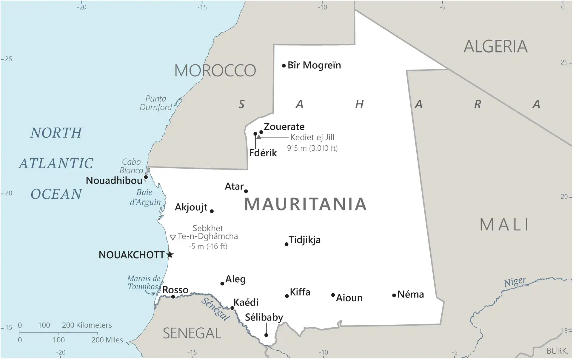 Mauritania Map graphic showing major cities and names of neighboring countries