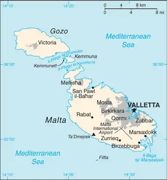 Malta Map graphic showing major cities and names of neighboring countries