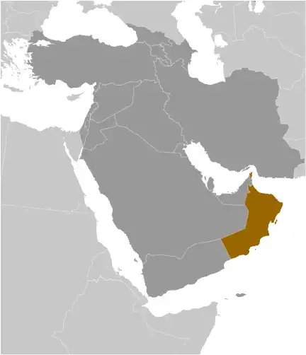 Locator Map of Oman showing the country on the continent in color