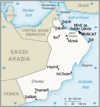 Oman Map graphic showing major cities and names of neighboring countries