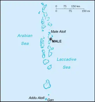 Maldives Map graphic showing major cities and names of neighboring countries