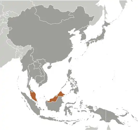 Locator Map of Malaysia showing the country on the continent in color