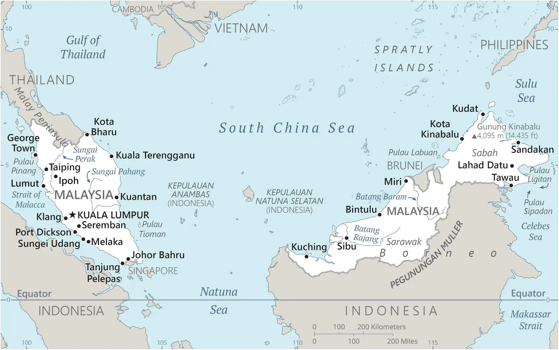 Malaysia Map graphic showing major cities and names of neighboring countries