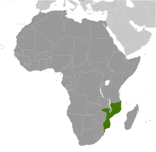 Locator Map of Mozambique showing the country on the continent in color