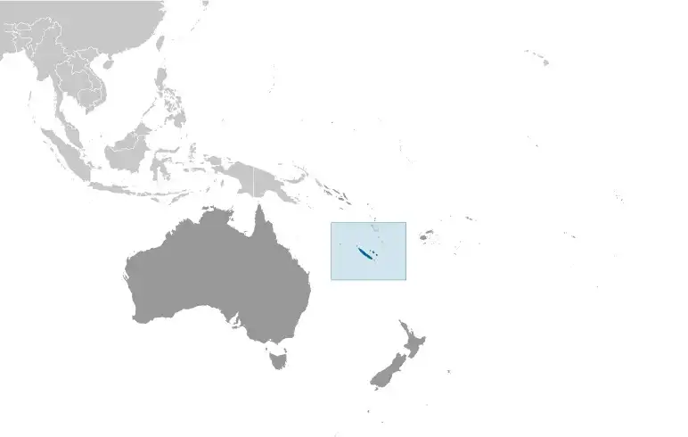 Locator Map of New Caledonia showing the country on the continent in color