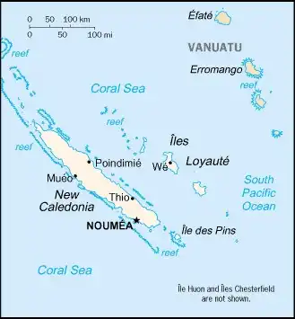 New Caledonia Map graphic showing major cities and names of neighboring countries