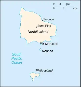 Norfolk Island Map graphic showing major cities and names of neighboring countries