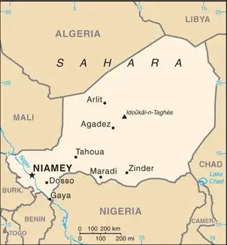 Niger Map graphic showing major cities and names of neighboring countries
