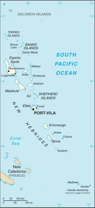 Vanuatu Map graphic showing major cities and names of neighboring countries