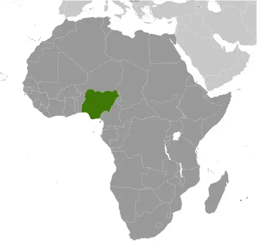 Locator Map of Nigeria showing the country on the continent in color