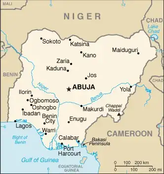 Nigeria Map graphic showing major cities and names of neighboring countries