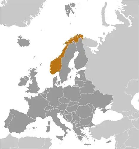 Locator Map of Norway showing the country on the continent in color