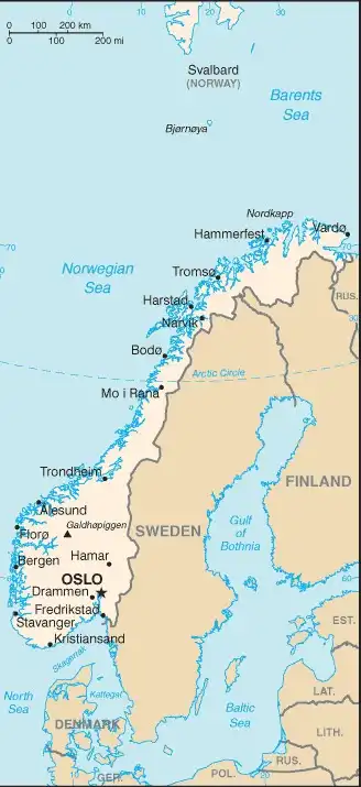 Norway Map graphic showing major cities and names of neighboring countries