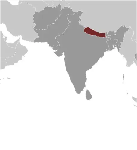 Locator Map of Nepal showing the country on the continent in color