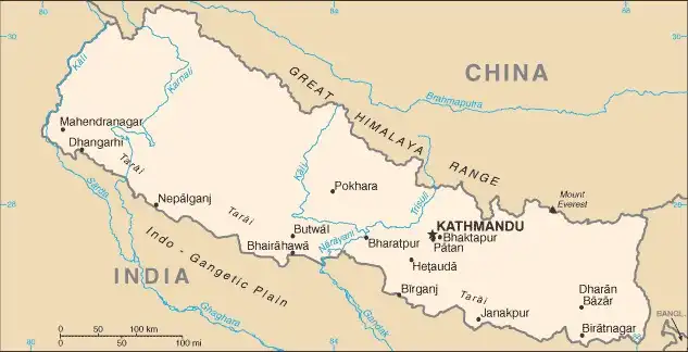 Nepal Map graphic showing major cities and names of neighboring countries