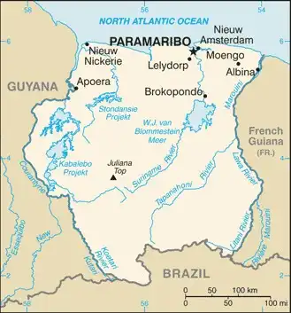 Suriname Map graphic showing major cities and names of neighboring countries