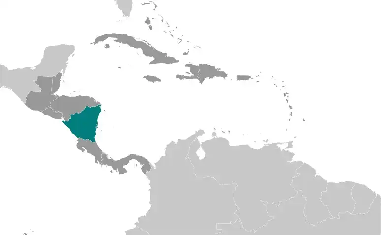 Locator Map of Nicaragua showing the country on the continent in color