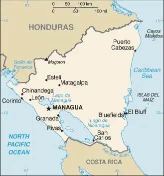 Nicaragua Map graphic showing major cities and names of neighboring countries