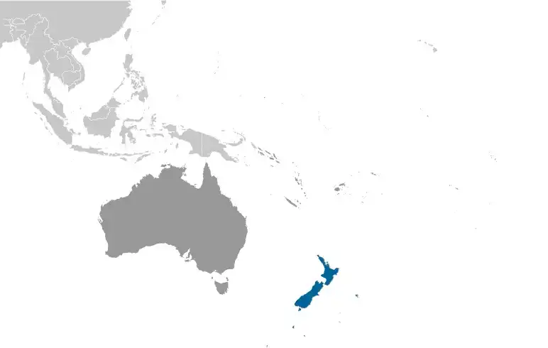 Locator Map of New Zealand showing the country on the continent in color
