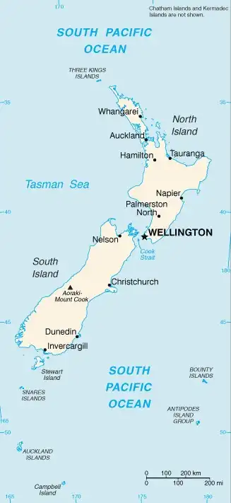 New Zealand Map graphic showing major cities and names of neighboring countries
