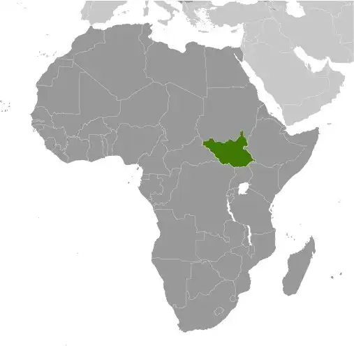 Locator Map of South Sudan showing the country on the continent in color