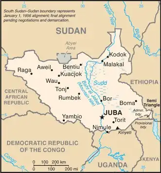 South Sudan Map graphic showing major cities and names of neighboring countries