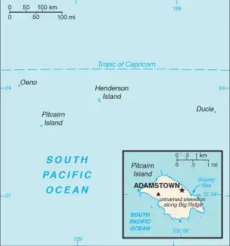 Pitcairn Islands Map graphic showing major cities and names of neighboring countries