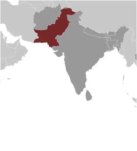Locator Map of Pakistan showing the country on the continent in color