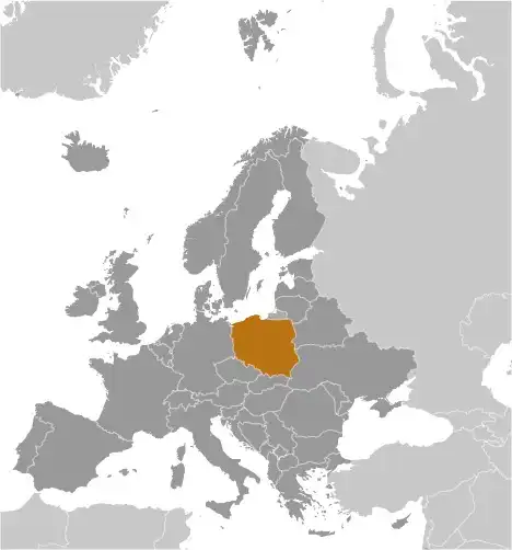 Locator Map of Poland showing the country on the continent in color