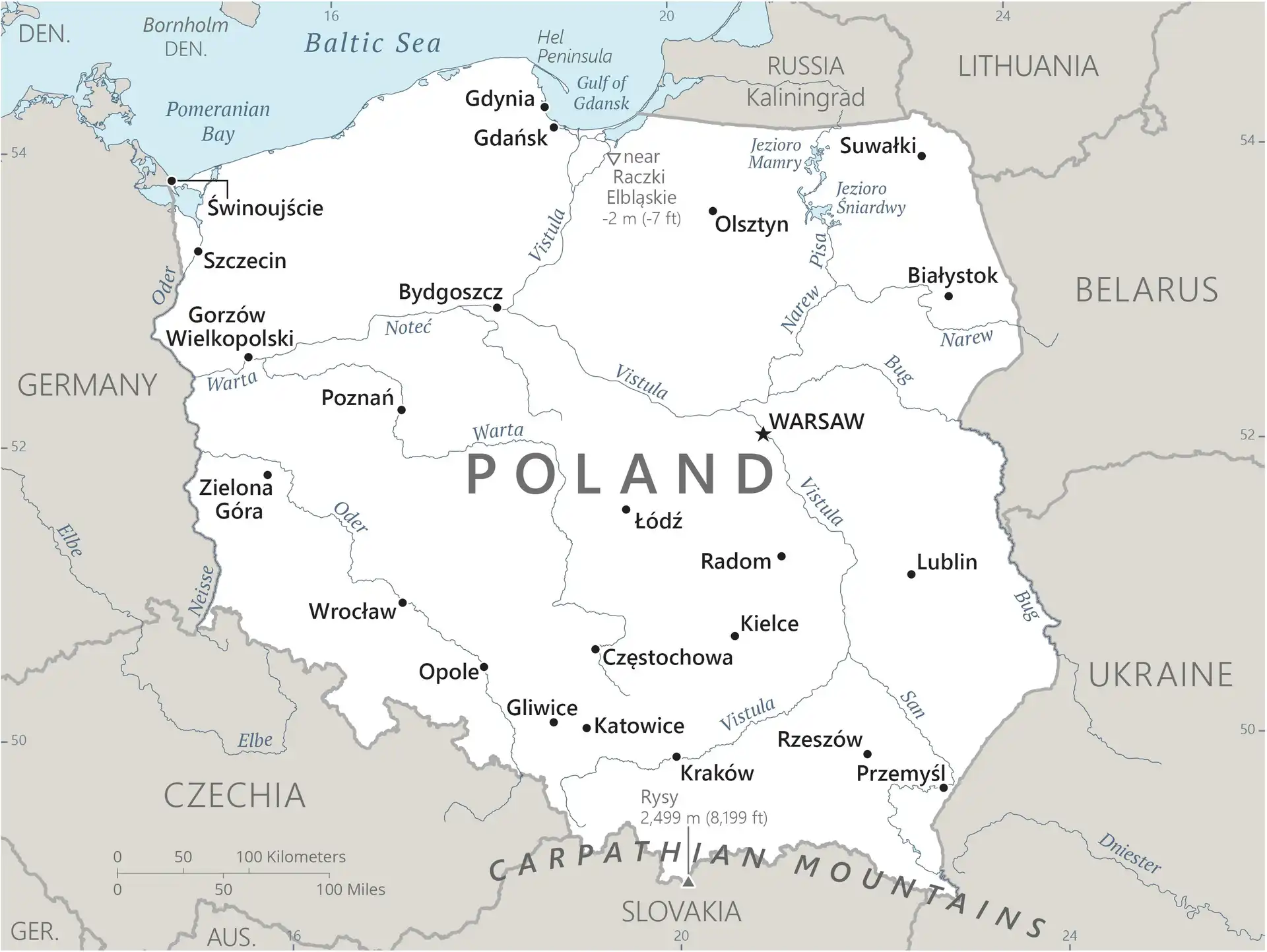 Poland Map graphic showing major cities and names of neighboring countries