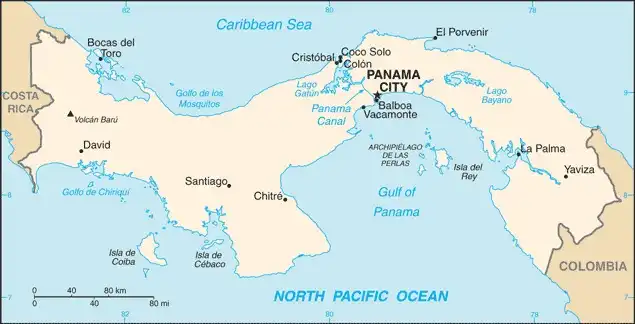 Panama Map graphic showing major cities and names of neighboring countries