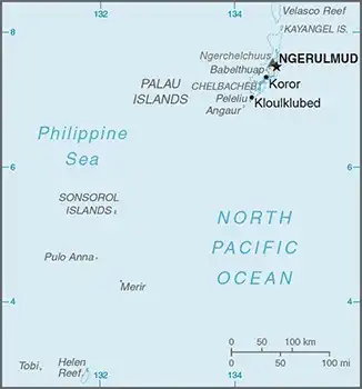 Palau Map graphic showing major cities and names of neighboring countries
