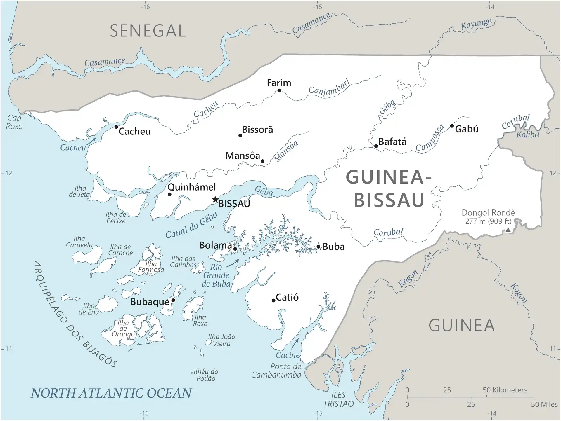 Guinea-Bissau Map graphic showing major cities and names of neighboring countries