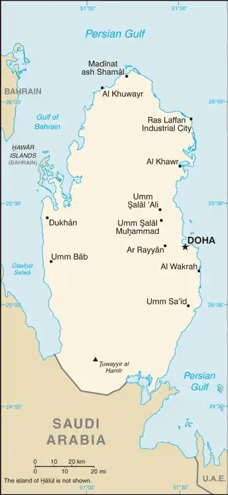 Qatar Map graphic showing major cities and names of neighboring countries