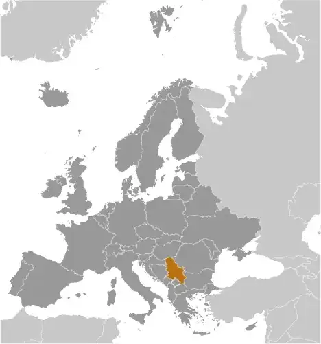 Locator Map of Serbia showing the country on the continent in color