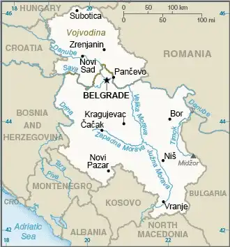 Serbia Map graphic showing major cities and names of neighboring countries