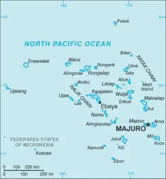 Marshall Islands Map graphic showing major cities and names of neighboring countries