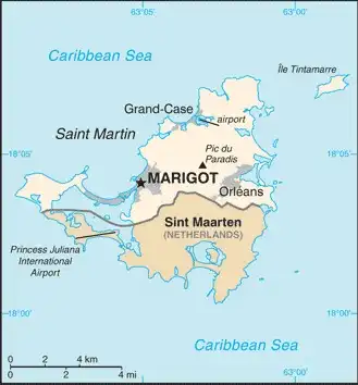 Saint Martin Map graphic showing major cities and names of neighboring countries