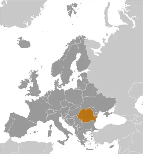 Locator Map of Romania showing the country on the continent in color