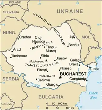 Romania Map graphic showing major cities and names of neighboring countries