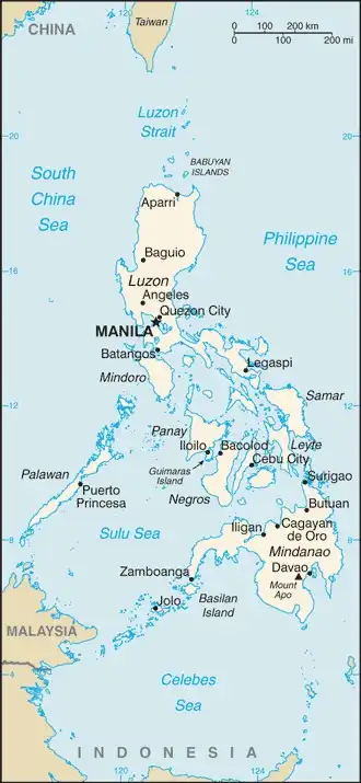 Philippines Map graphic showing major cities and names of neighboring countries