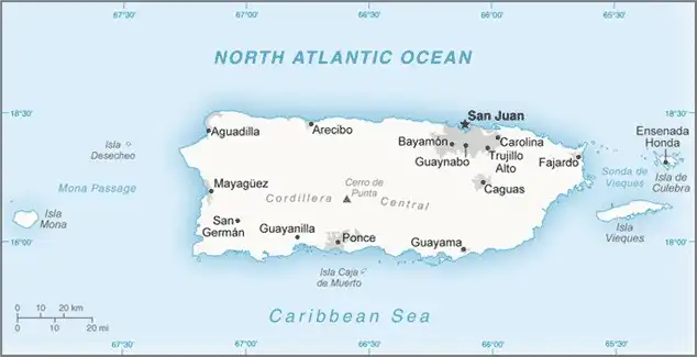Puerto Rico Map graphic showing major cities and names of neighboring countries