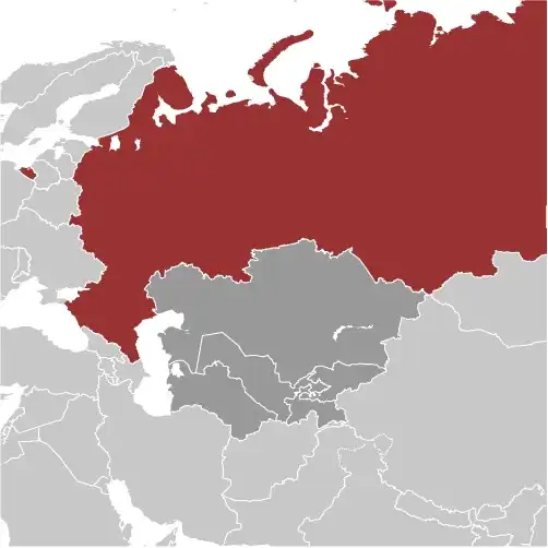 Locator Map of Russia showing the country on the continent in color