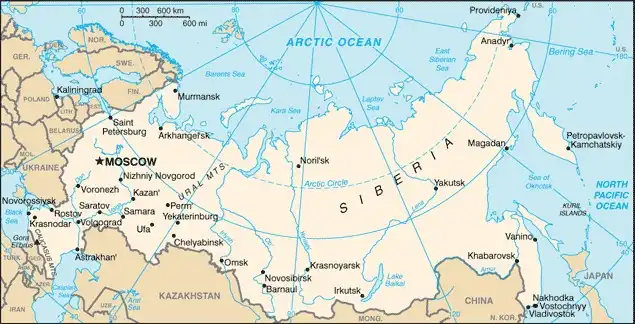 Russia Map graphic showing major cities and names of neighboring countries