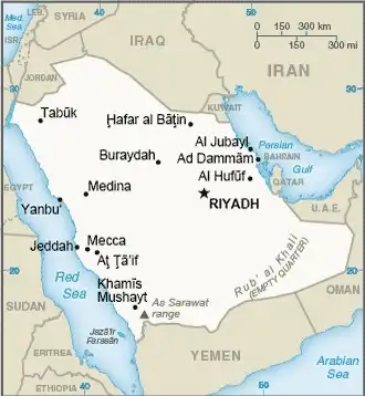 Saudi Arabia Map graphic showing major cities and names of neighboring countries